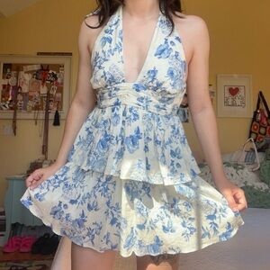 Blue and White Ruffled Halter Mini Dress